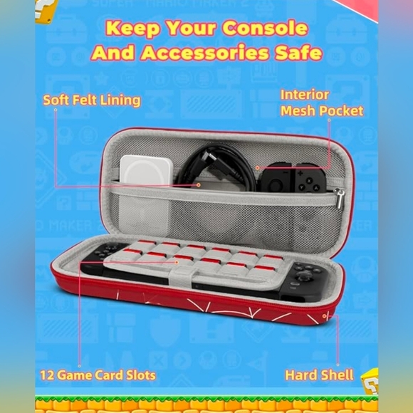 Nintendo Switch 2 Carrying Case - Red Cute Kawaii Design with Handle and Strap - Picture 3 of 9